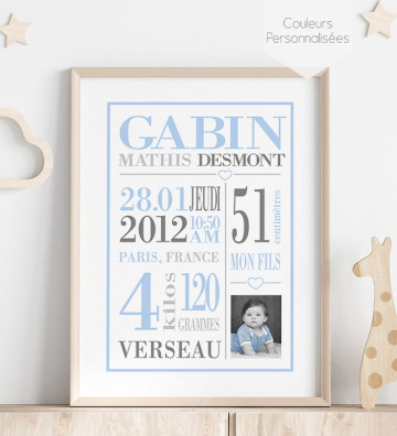 Tableau de Naissance personnalisé - cadeau de naissance - Typo 1 garçon