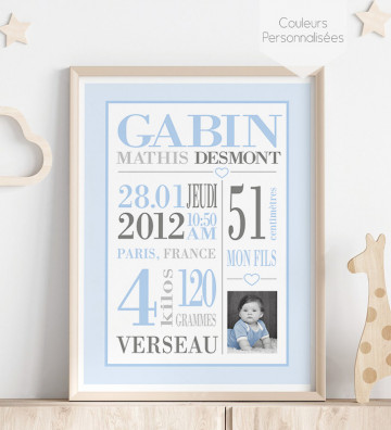 Tableau de Naissance personnalisé - cadeau de naissance - Typo 2 garçon