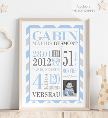 Tableau de Naissance personnalisé - cadeau de naissance - Typo 3 garçon