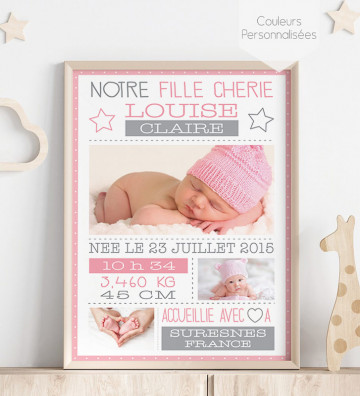Tableau de Naissance personnalisé - cadeau de naissance - Rétro Fille