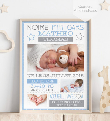 Tableau de Naissance personnalisé - cadeau de naissance - Rétro garçon