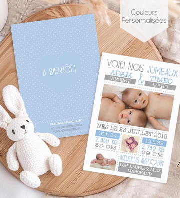 Faire part de naissance Jumeaux garçon - Minimaliste