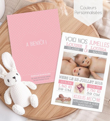 Faire part de naissance Jumelles fille - Minimaliste