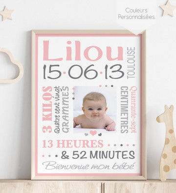 Tableau de Naissance personnalisé - Rétro Fille - rose