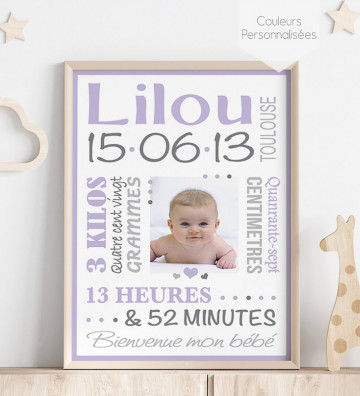 Tableau de Naissance personnalisé - Rétro Fille - violet parme