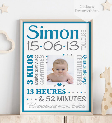 Tableau de Naissance personnalisé - Rétro Garçon - bleu marine