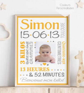 Tableau de Naissance personnalisé - Rétro Garçon - jaune
