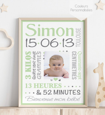Tableau de Naissance personnalisé - Rétro Garçon - vert