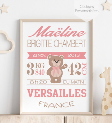 Tableau de Naissance personnalisé - Ourson Fille
