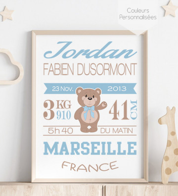 Tableau de Naissance personnalisé - Ourson Garçon