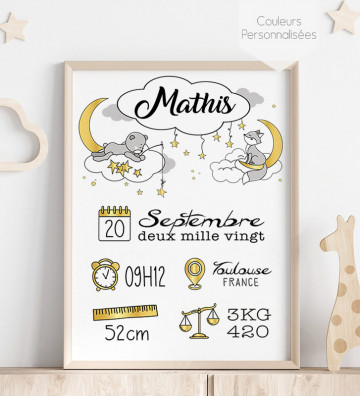 Tableau de Naissance personnalisé - cadeau de naissance - Animaux Lune