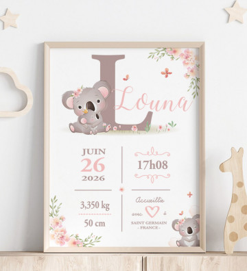 Tableau de Naissance personnalisé - cadeau de naissance - Koala - sans photo