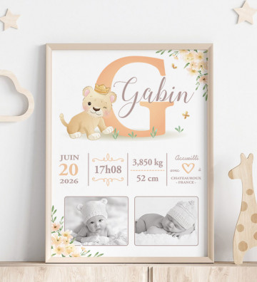 Tableau de Naissance personnalisé - cadeau de naissance - lion roi des animaux - avec photos