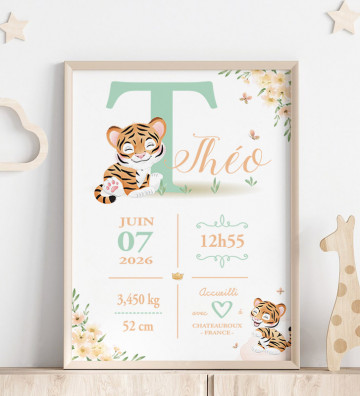 Tableau de Naissance personnalisé - cadeau de naissance - Tigre - sans photo