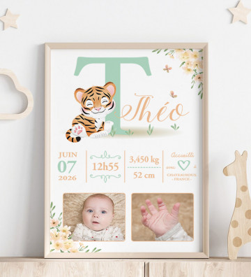 Tableau de Naissance personnalisé - cadeau de naissance - Tigre - avec photo