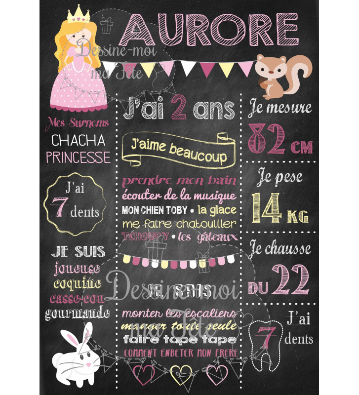 Affiche / Tableau d'anniversaire personnalisé Princesse Ardoise