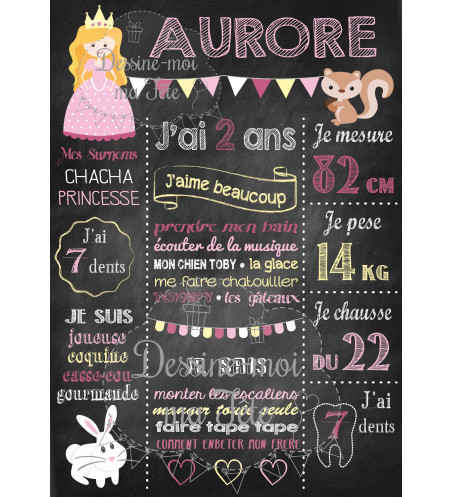 Affiche / Tableau Anniversaire personnalisé "Princesse Ardoise rose"