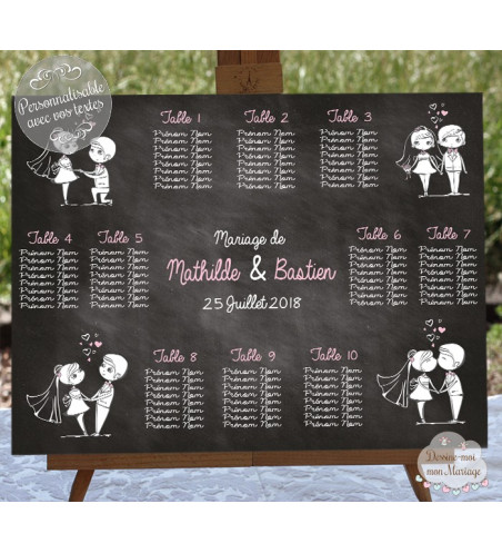 Plan de table Mariage "couple mariés Ardoise 2" personnalisé