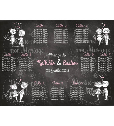 Plan de table Mariage "couple mariés Ardoise 2" personnalisé