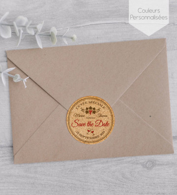 Autocollants stickers rond mariage personnalisés - "Vin bouchon liège"