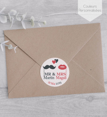 Autocollants stickers rond mariage personnalisés - "Mr & Mrs"