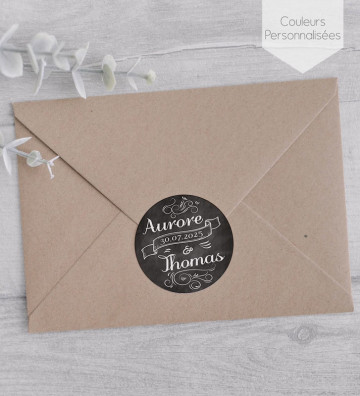Autocollants stickers rond mariage personnalisés - "Prénoms ardoise"