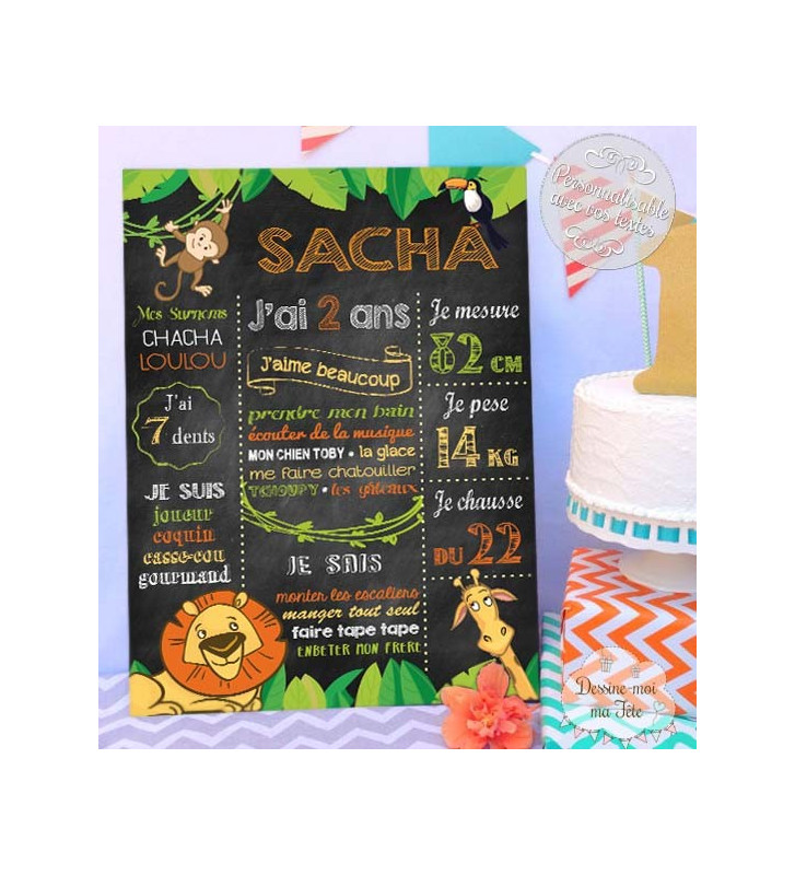 Affiche / Tableau d'anniversaire personnalisé Jungle ardoise Format  tableau 20 x 30 cm Support tableau Papier couché 250g (support non rigide)