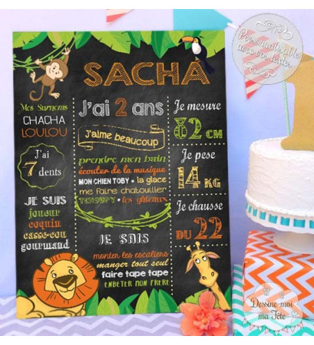  Affiche / Tableau Anniversaire personnalisé "Jungle Ardoise"