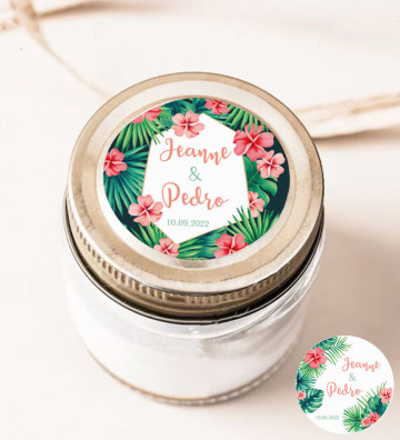 Autocollants stickers rond mariage personnalisés - Fleurs exotiques tropicales