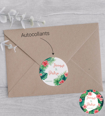 Autocollants stickers rond mariage personnalisés - Fleurs exotiques tropicales