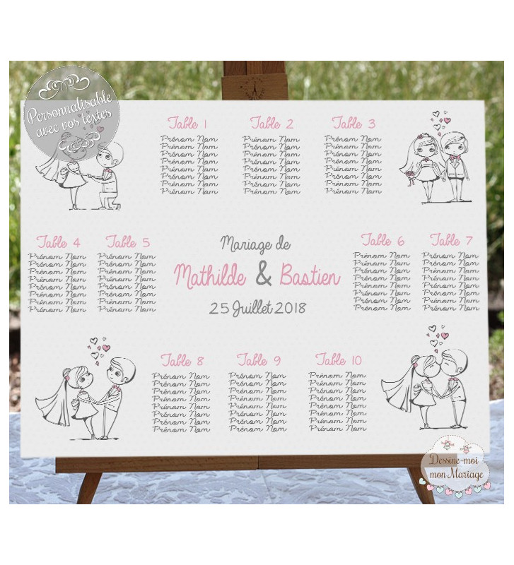 Plan de table Mariage "couple mariés Blanc 2" personnalisé