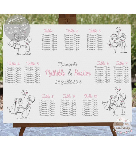 Plan de table Mariage "couple mariés Blanc 2" personnalisé