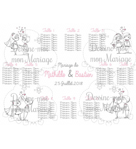 Plan de table Mariage "couple mariés Blanc 2" personnalisé