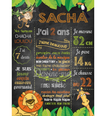  Affiche / Tableau Anniversaire personnalisé "Jungle Ardoise"