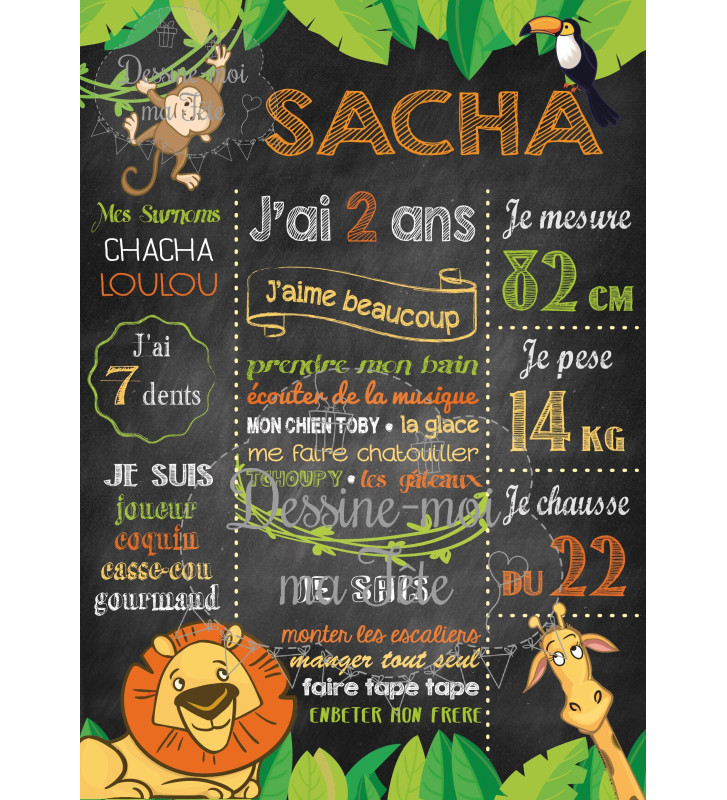 Affiche anniversaire Animaux de la Jungle version fille