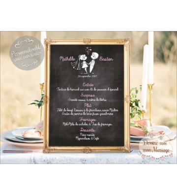 Tableau Menu Mariage " Couple mariés Ardoise" personnalisé