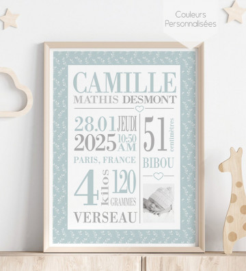 Tableau de Naissance personnalisé - cadeau de naissance - Floral / Champêtre - fille ou garçon