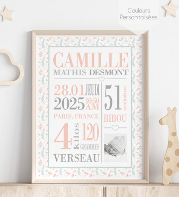 Tableau de Naissance personnalisé - cadeau de naissance - Floral / Champêtre - fille ou garçon
