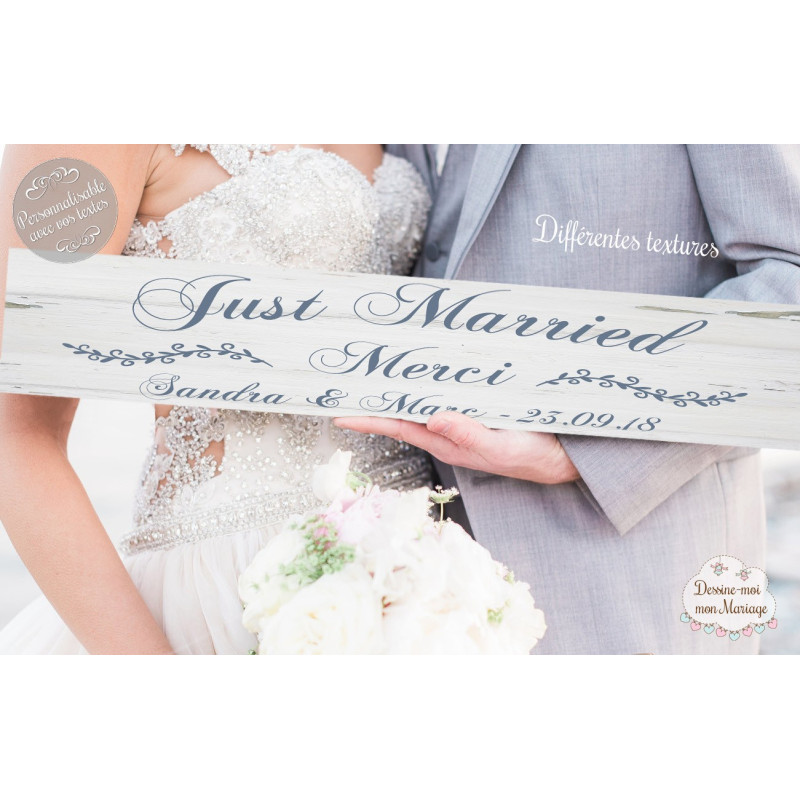 Pancarte Mariage "Just Married" BOIS BLANC personnalisé