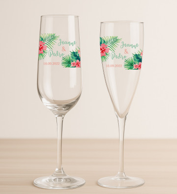 Flûtes champagne mariage personnalisés - Fleurs exotiques tropicales