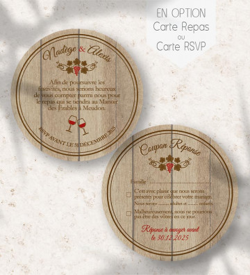 Carte supplémentaire (en option) pour Faire part de Mariage rond - Vin tonneau