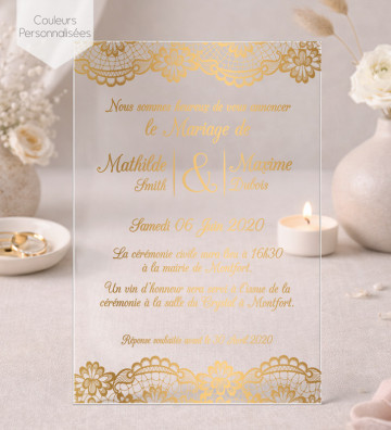 Faire part de Mariage plexi acrylique - Dentelle / Bohème  - version doré