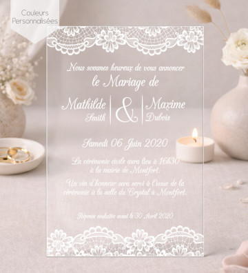 Faire part de Mariage plexi acrylique - Dentelle / Bohème  blanc