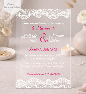 Faire part de Mariage plexi acrylique - Dentelle / Bohème