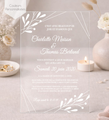 Faire part de Mariage plexi acrylique version blanc - Branche