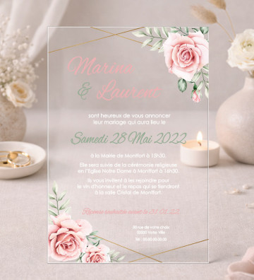 Faire part de Mariage plexi acrylique - Fleurs roses