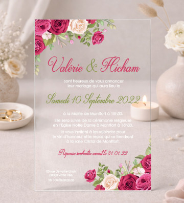 Faire part de Mariage plexi acrylique - Fleurs roses rouges