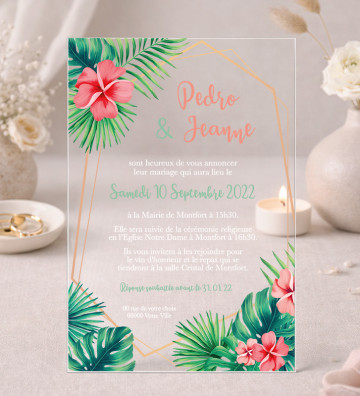 Faire part de Mariage plexi acrylique - Tropical Exotique fleurs