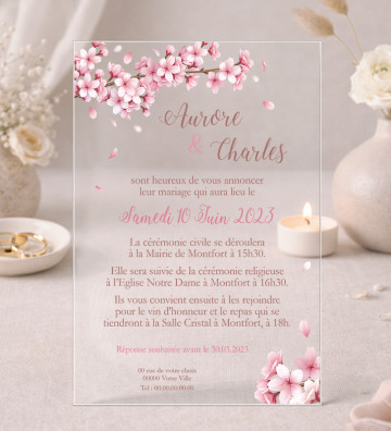 Faire part de Mariage plexi acrylique - Fleurs de cerisiers
