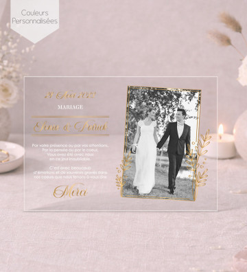 Carte de remerciements Mariage plexi acrylique - avec photo doré